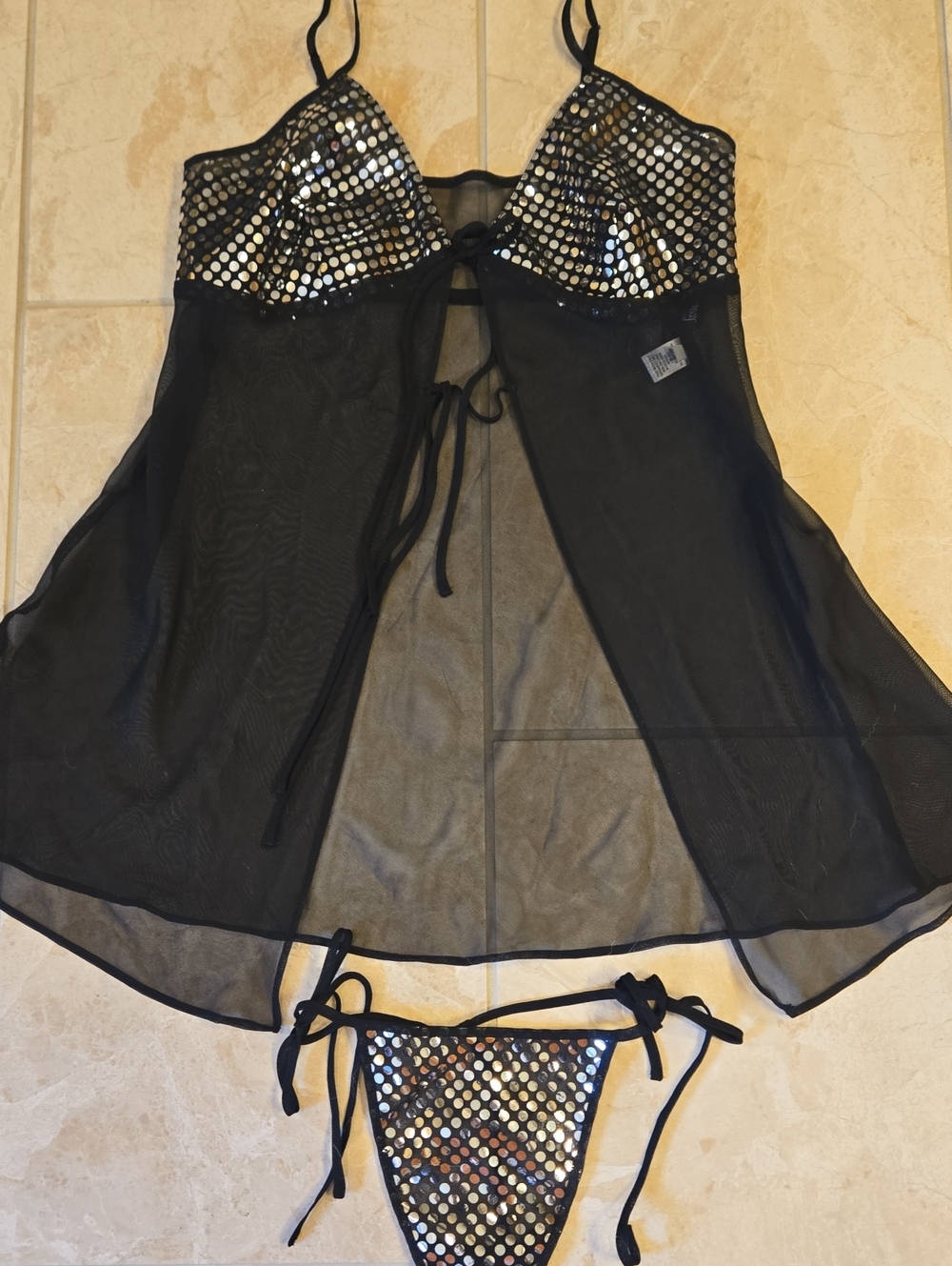 Sexy Frederick's of Hollywood Black Sequin Mesh Babydoll & Tie-Side Thong SMALL